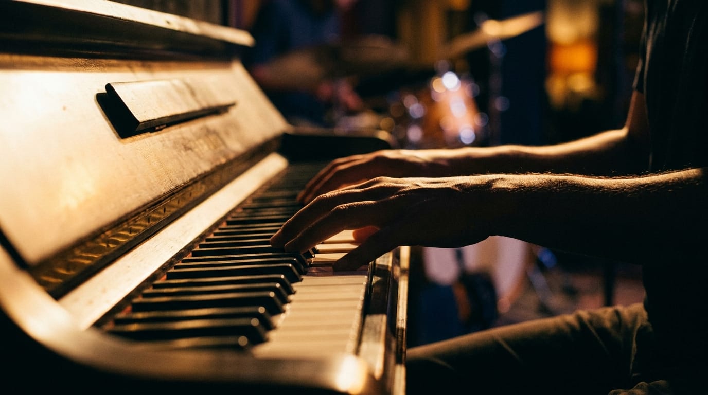 Pianist performing jazz on illuminated keyboard with sheet music during live performance