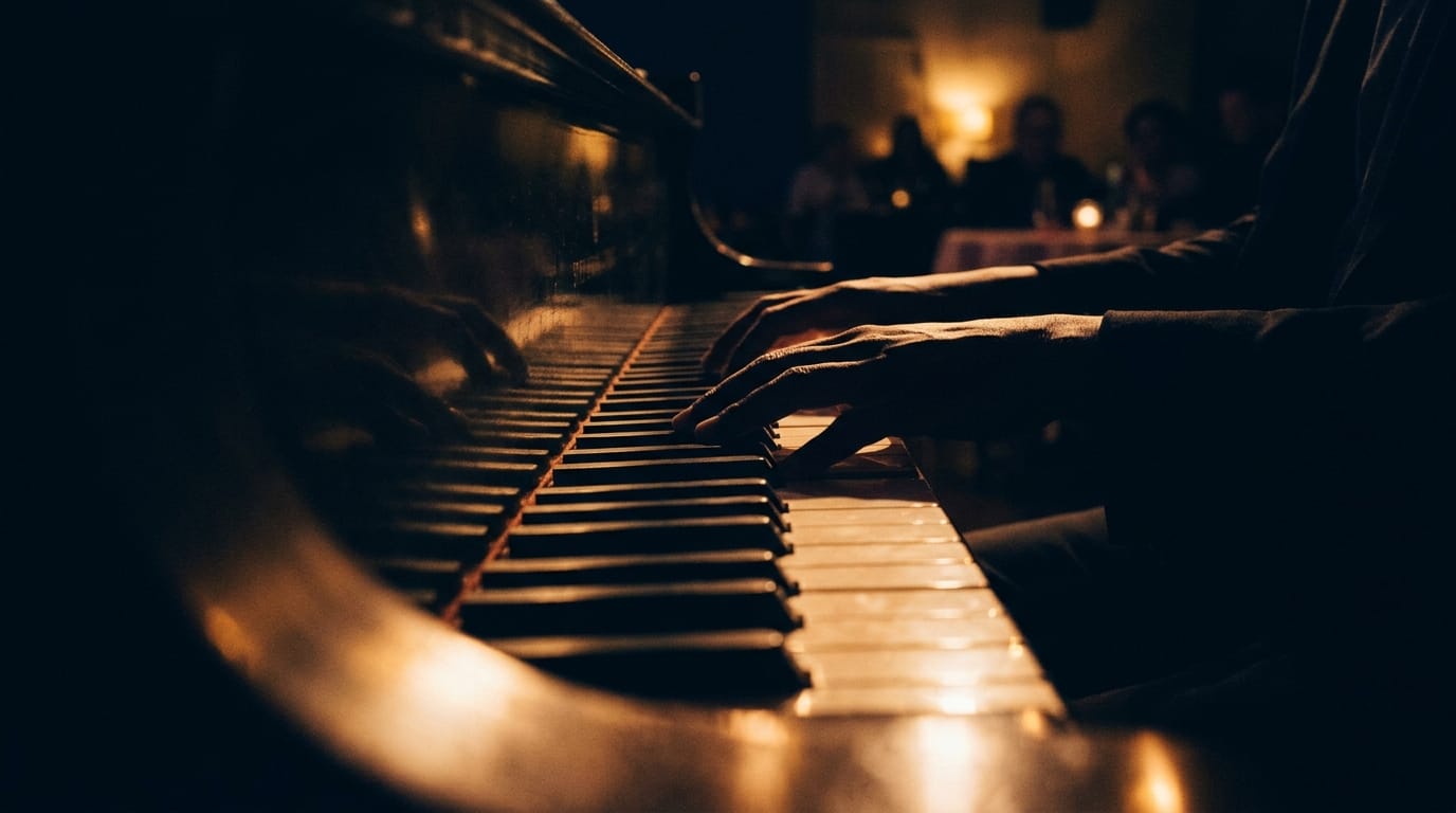 Pianist hands playing jazz on illuminated piano keys in intimate venue