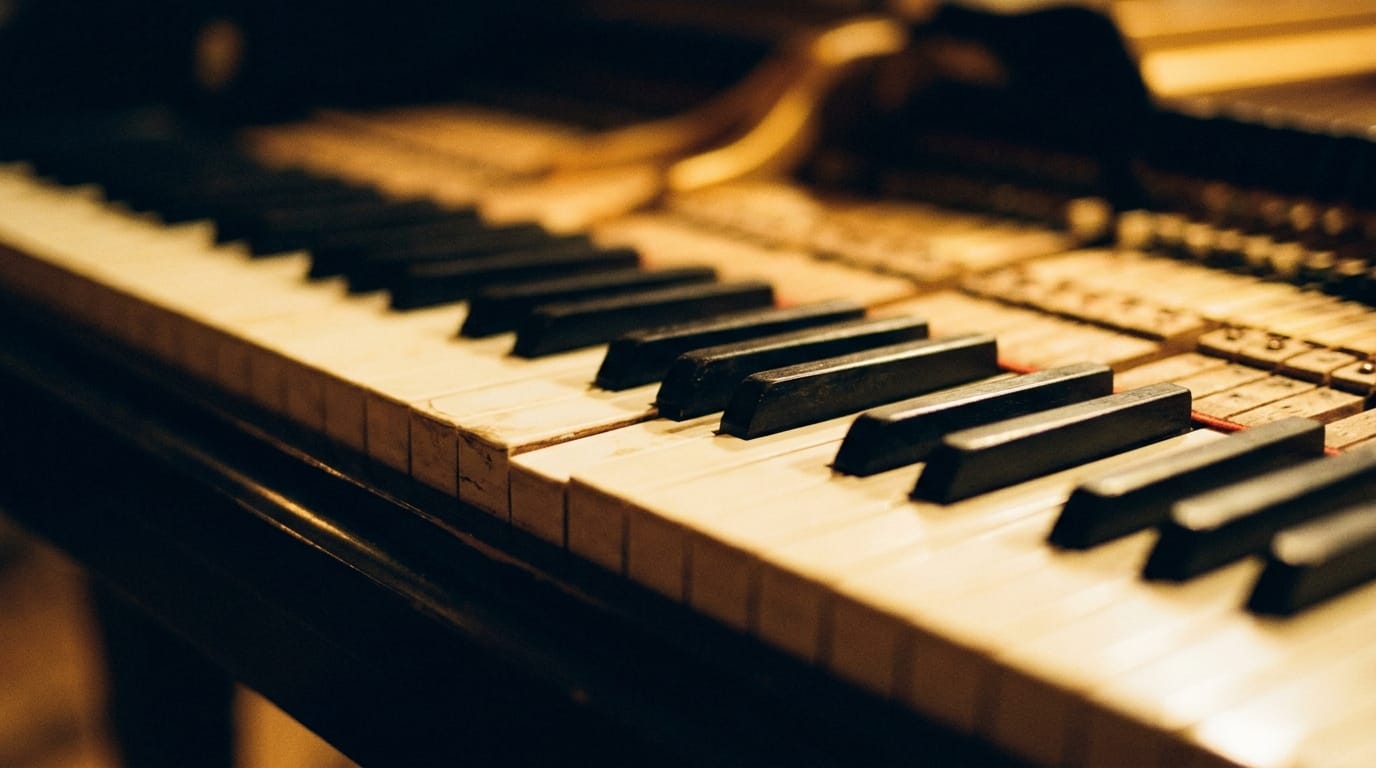 Close-up piano keys with warm golden lighting, jazz instrument detail