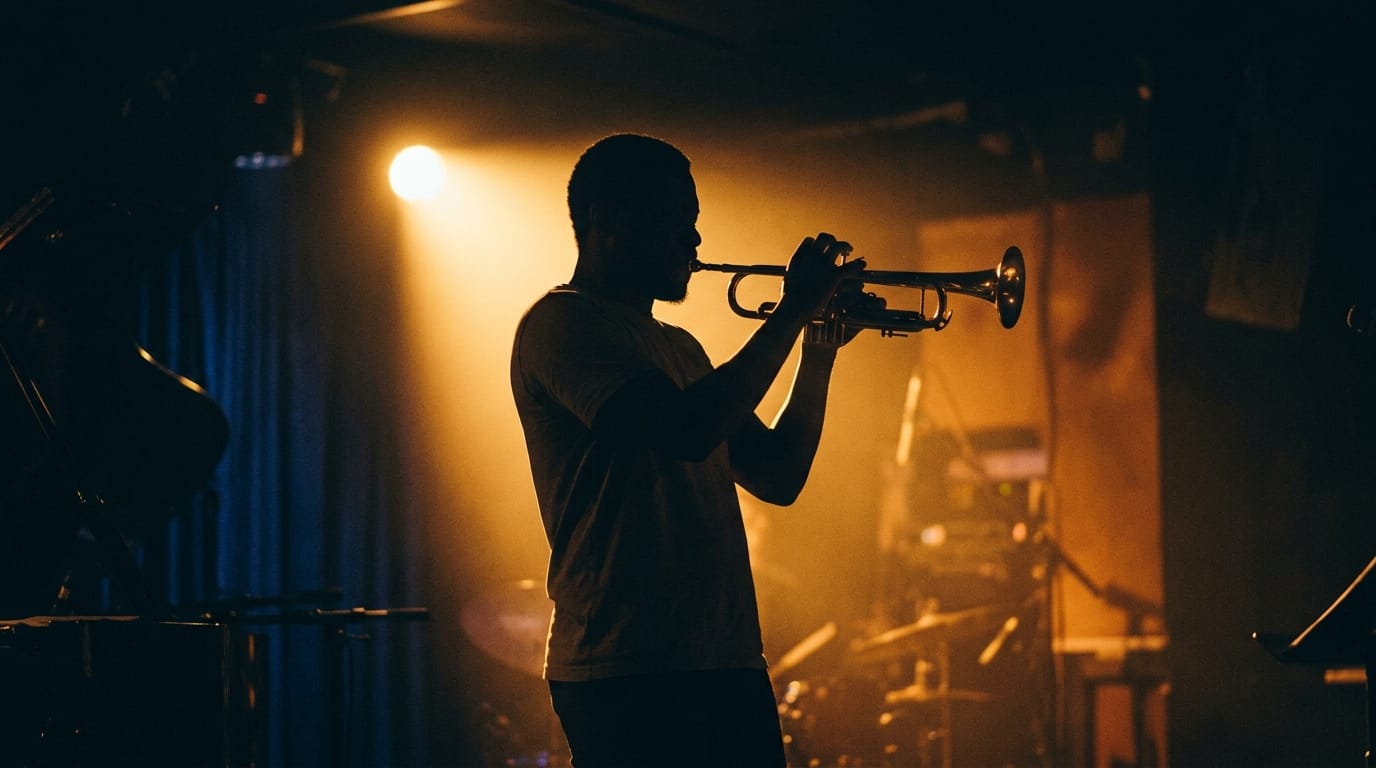 Jazz trumpet player performing on stage with warm golden spotlight lighting during live concert