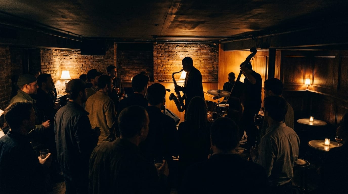 Intimate jazz club performance with saxophonist and band playing live music to crowded audience