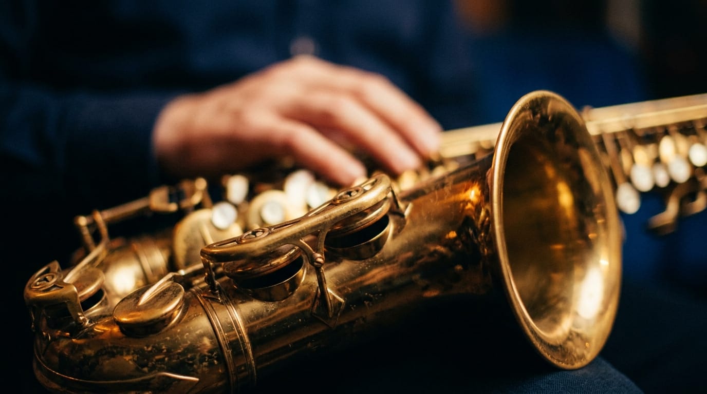 Close-up of polished brass saxophone with musician's hand positioned on keys