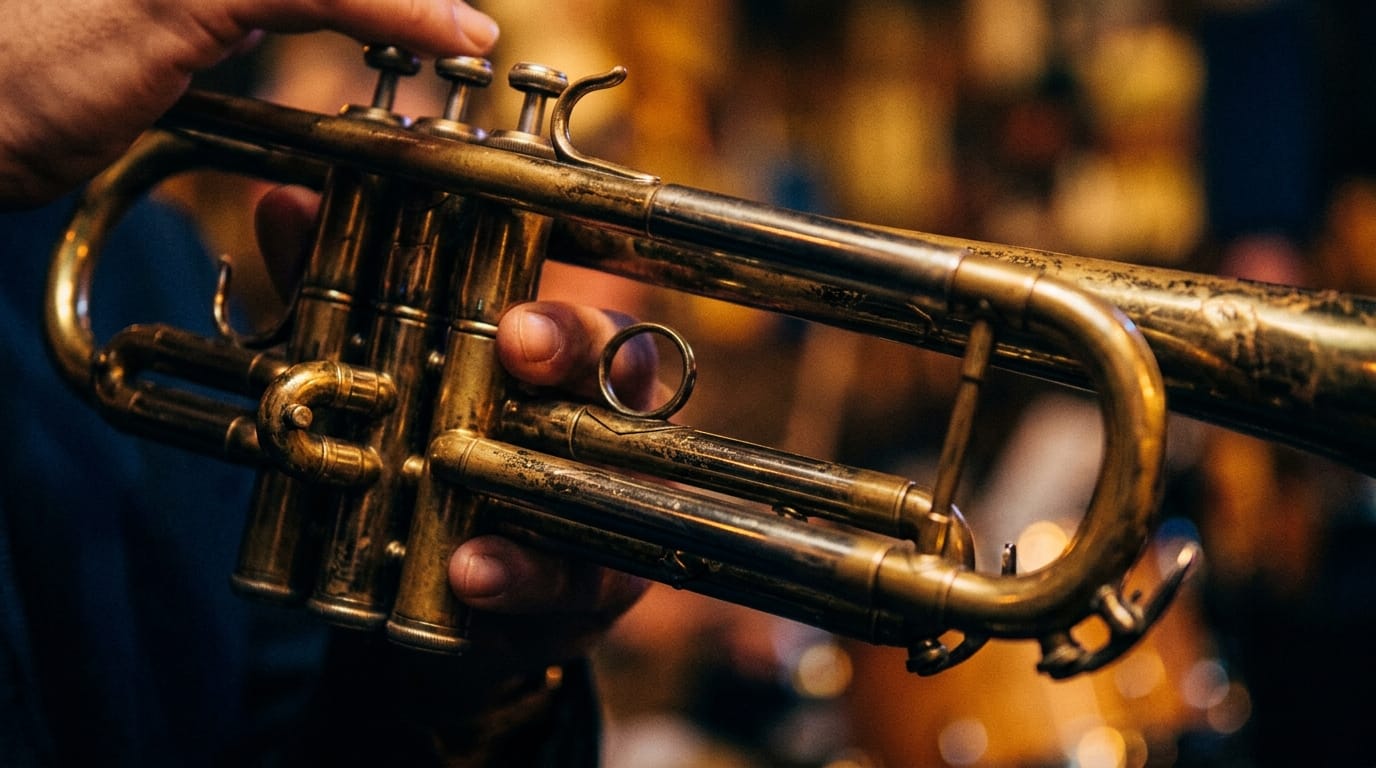 Musician's hands holding vintage brass trumpet with valves, warm stage lighting