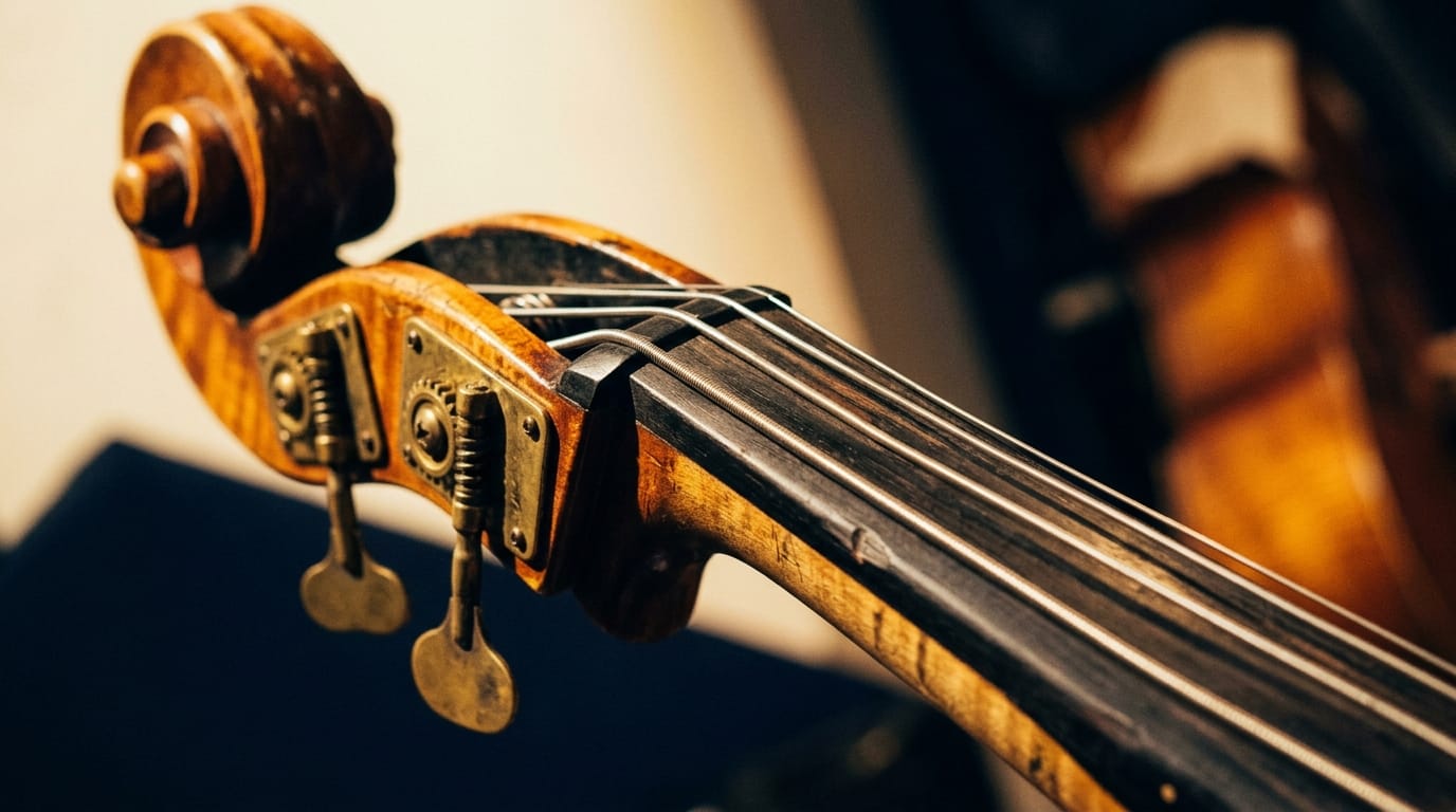 Close-up of upright bass scroll and strings with warm stage lighting