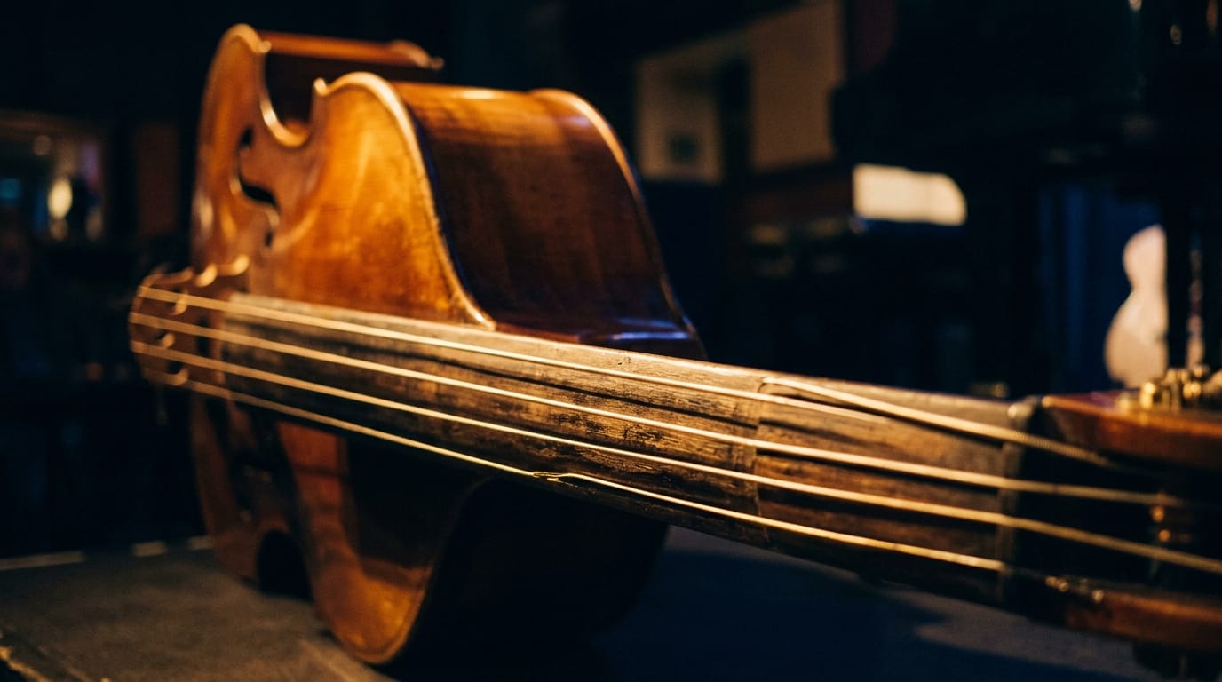 Close-up of vintage upright bass with warm golden lighting and wooden body detail
