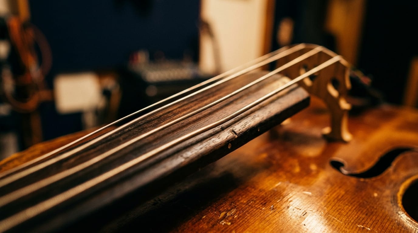 Close-up of upright bass strings and wooden bridge in jazz ensemble studio setting