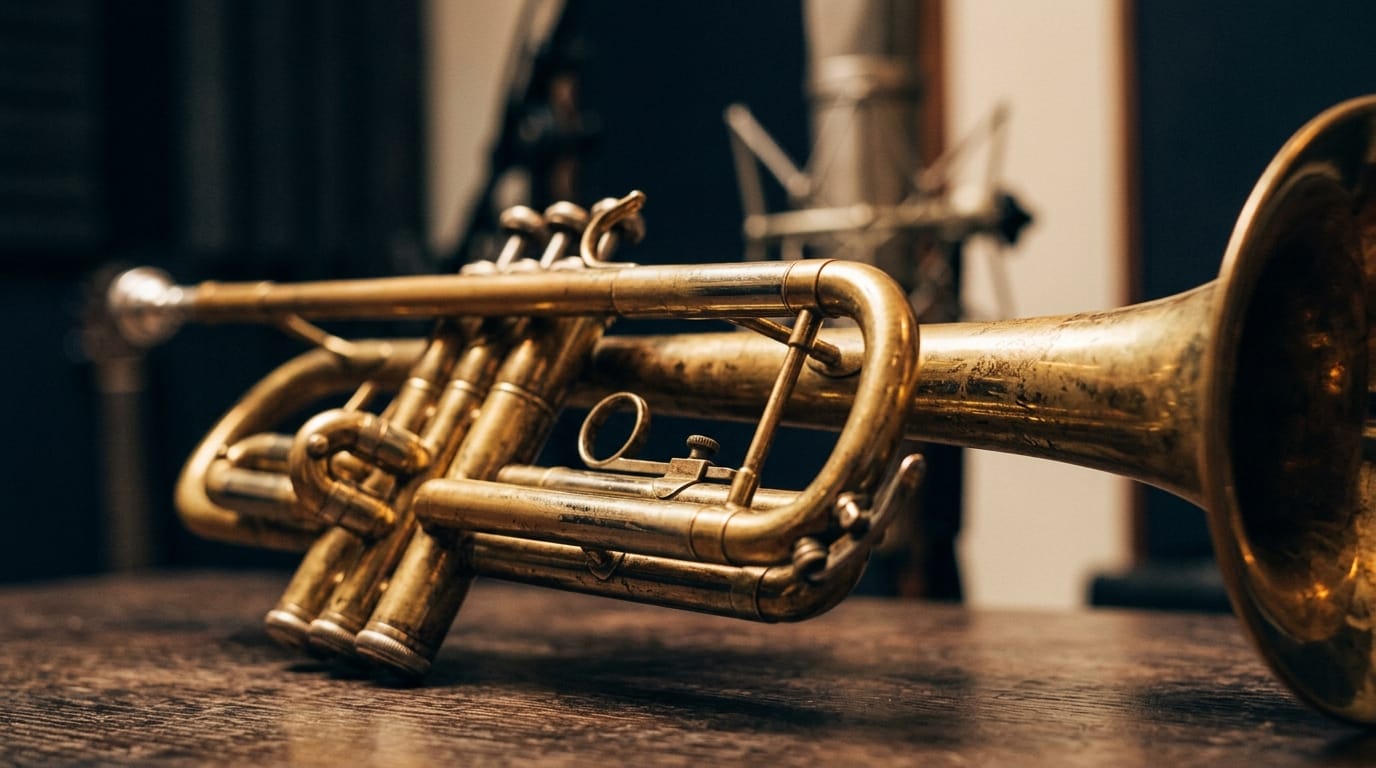 Vintage brass trumpet with patina resting on a wooden surface