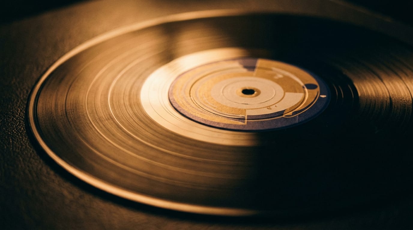 Spinning vinyl record with warm golden lighting, classic jazz music format