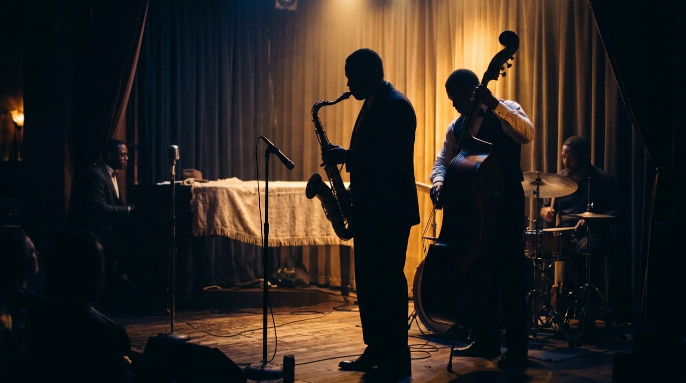 Jazz musicians performing live on stage with saxophone, upright bass, drums, and piano in intimate venue