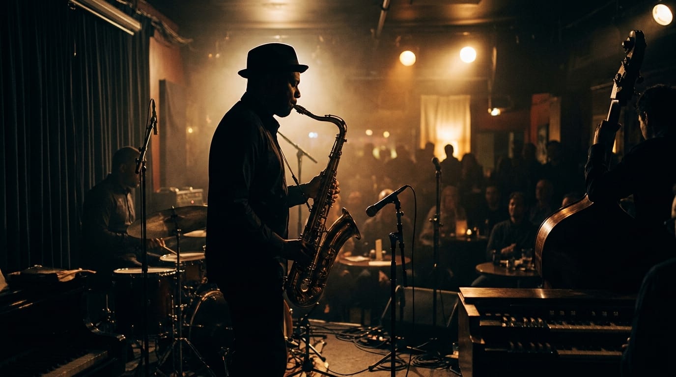 Saxophonist performing in intimate jazz club with warm stage lighting and live audience