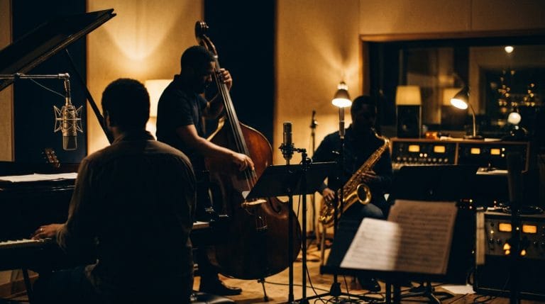 Jazz ensemble recording in professional studio with piano, upright bass, saxophone, warm lighting