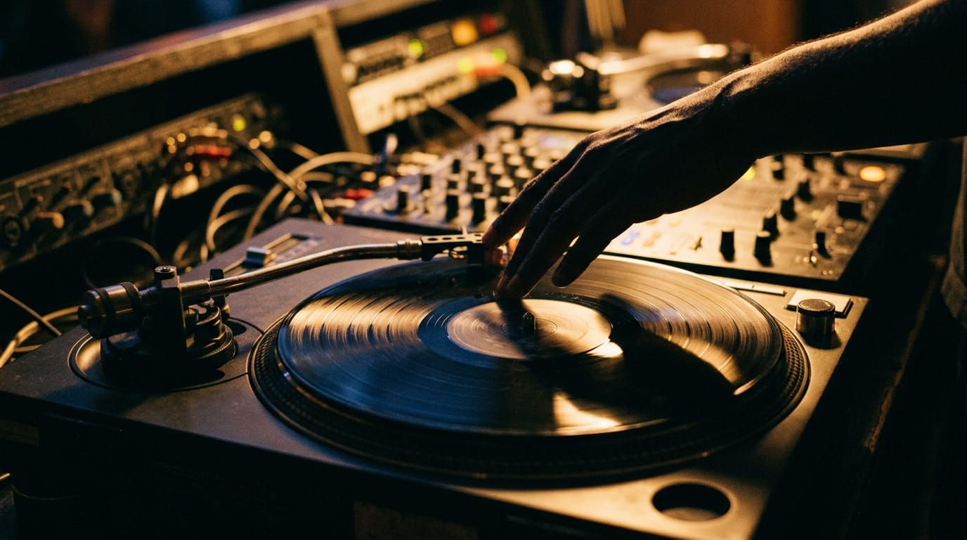 DJ turntable with vinyl record and mixer equipment in professional jazz studio setup