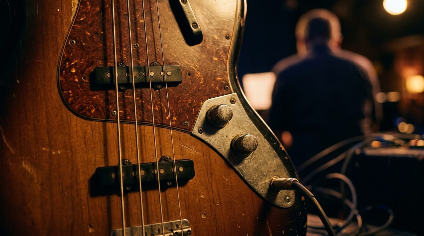 Vintage jazz bass guitar with warm wooden finish and metal pickups in intimate studio setting
