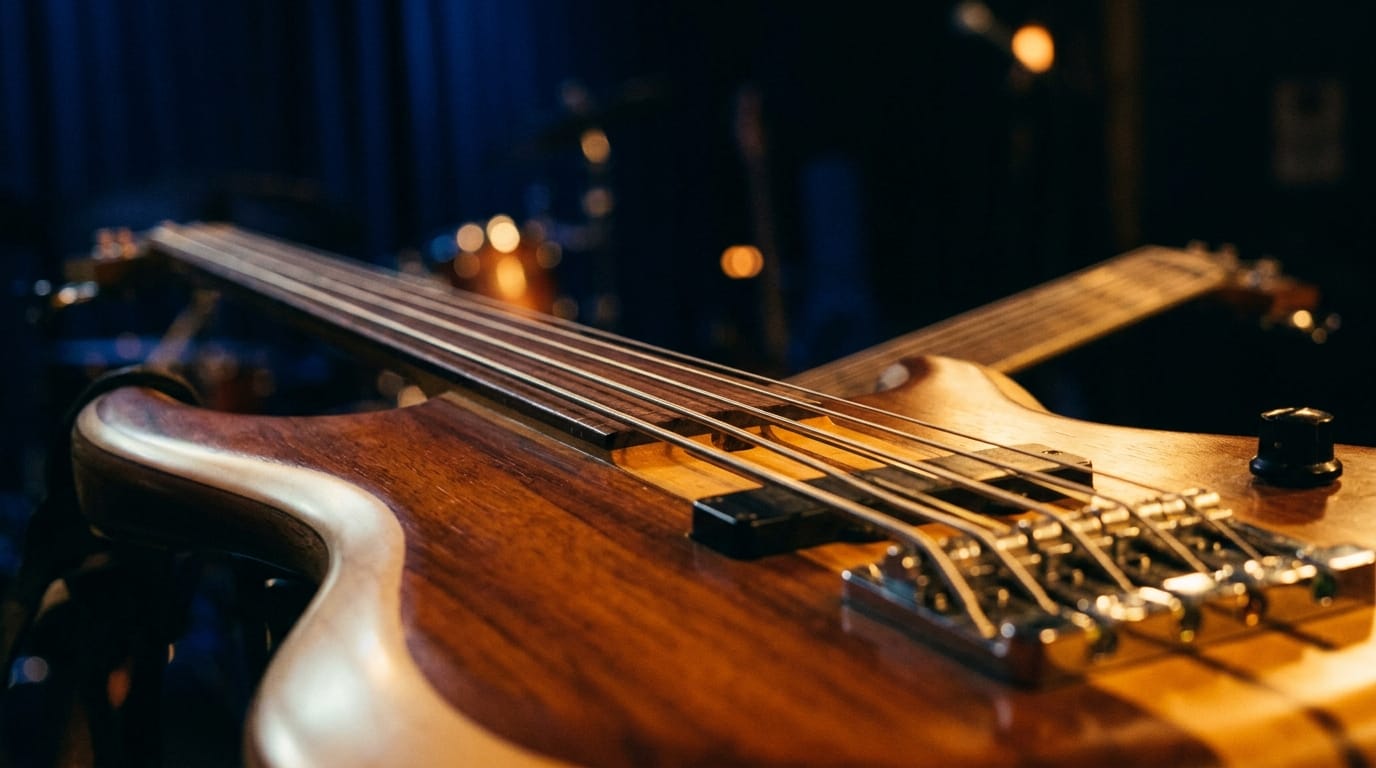 Electric bass guitar with strings and bridge in warm stage lighting, jazz atmosphere
