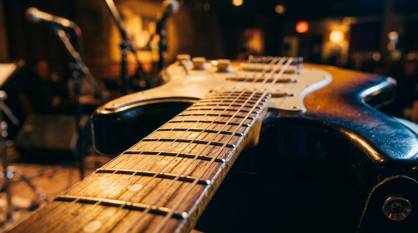 Electric guitar fretboard in warm stage lighting with jazz ensemble instruments blurred background