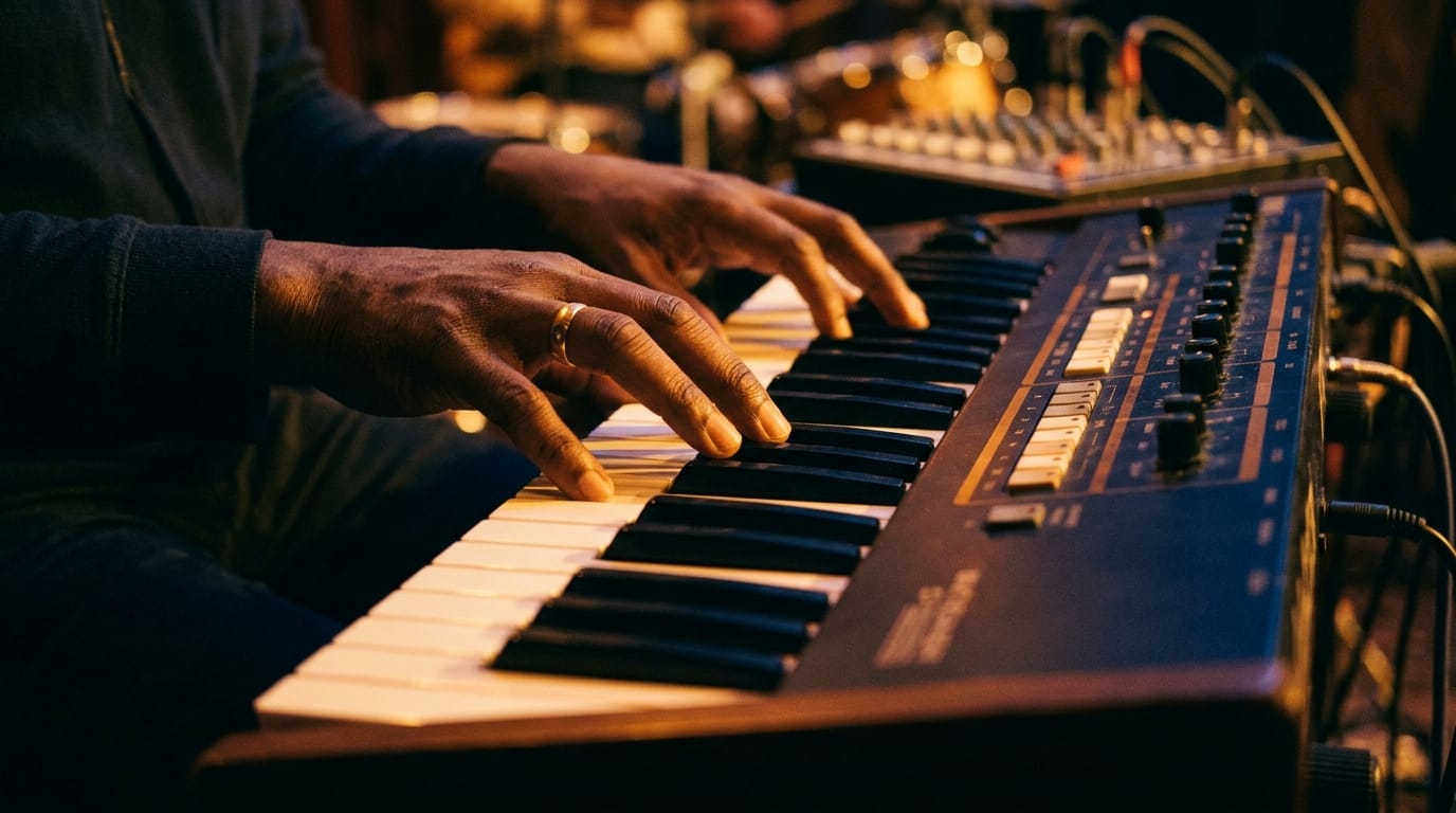 Musician's hands playing electronic keyboard synthesizer in warm studio lighting during jazz performance