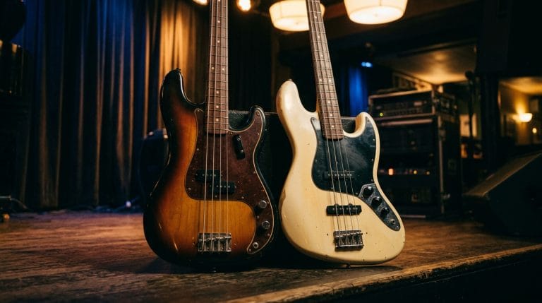 Vintage electric bass guitars on stage under warm lighting, jazz club atmosphere