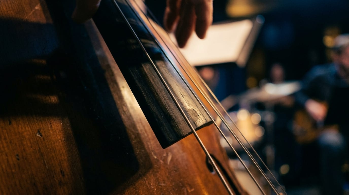 Close-up of upright bass strings and fingerboard with musician's hand during jazz performance