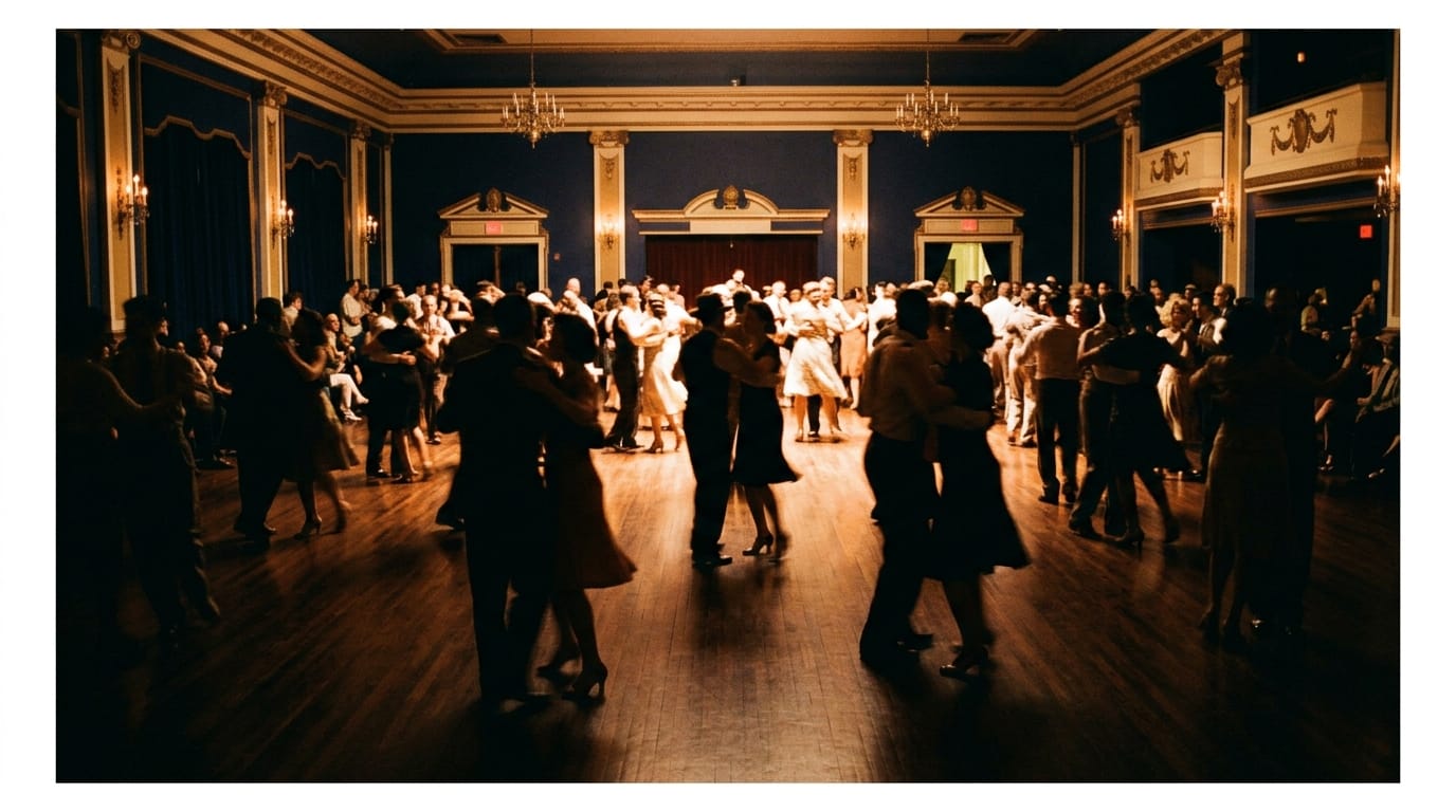 Elegant ballroom with couples dancing, ornate gold trim, chandeliers, classic jazz era venue