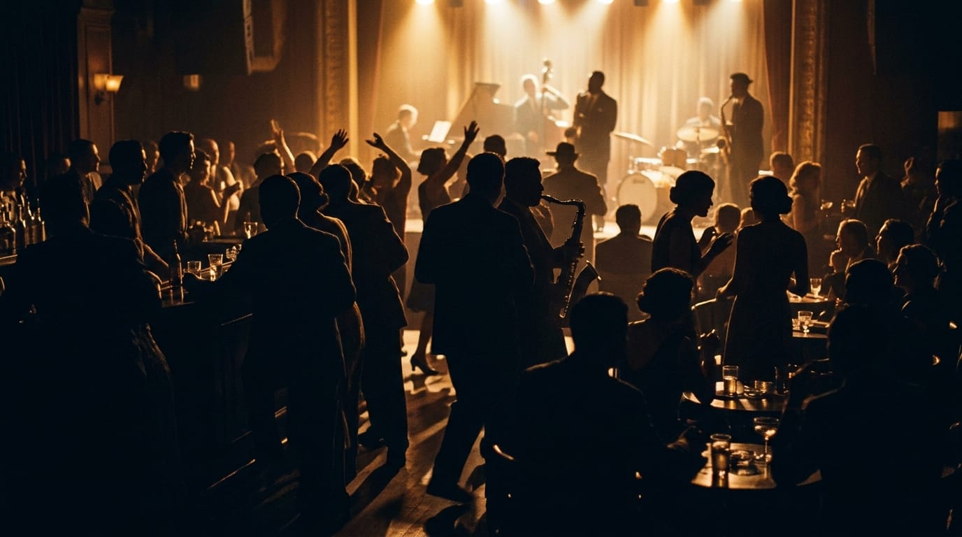 Energetic jazz club audience dancing and celebrating with live band performing on stage