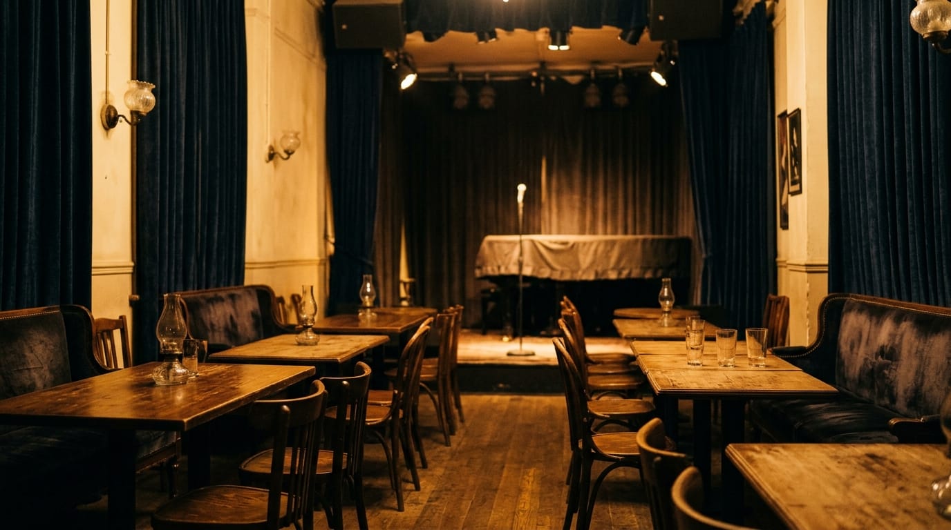 Intimate jazz club interior with wooden tables, vintage chairs, stage lighting, and dark curtains