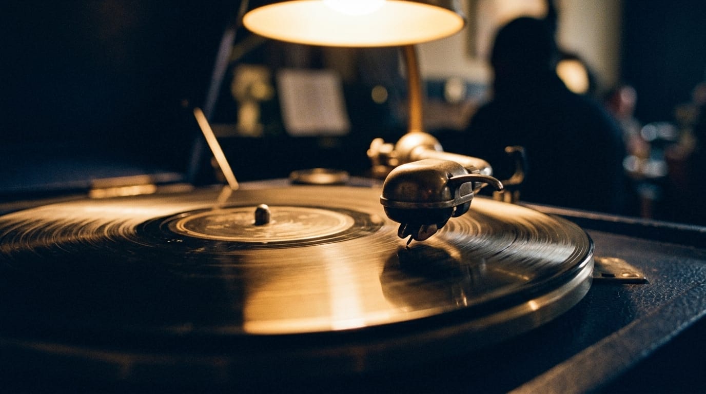 Vinyl record player turntable with stylus on spinning jazz record under warm studio lighting