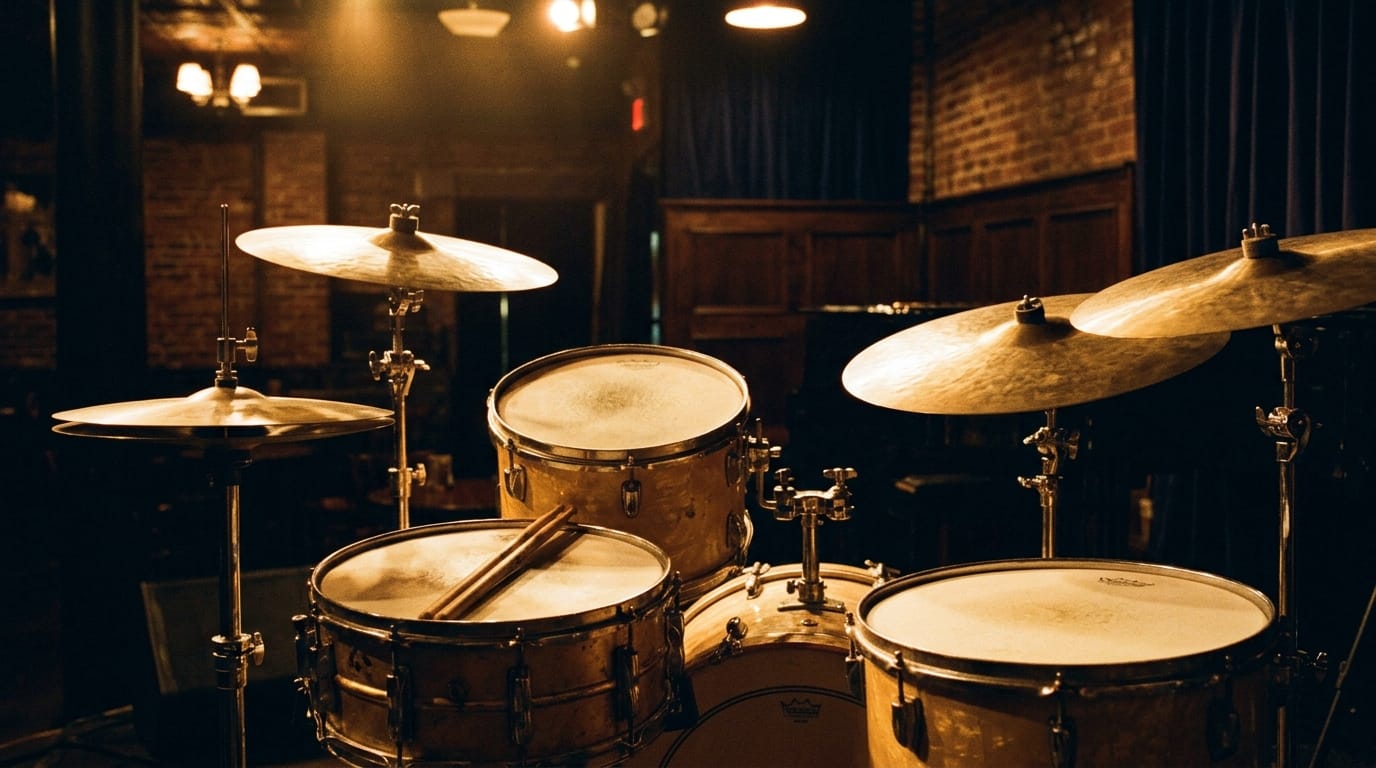 Professional drum kit with cymbals illuminated on stage in jazz club setting