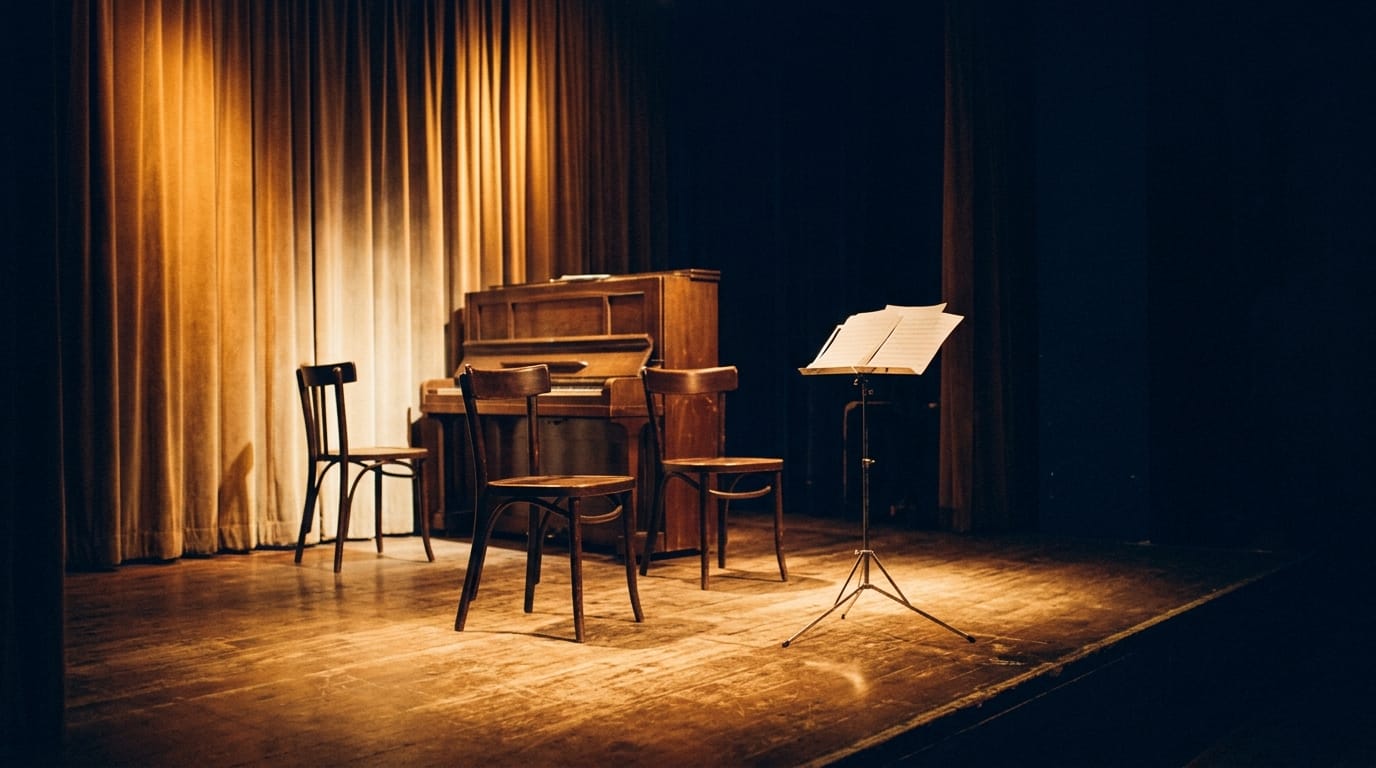 Vintage jazz stage setup with upright piano, wooden chairs, and music stand under warm spotlight