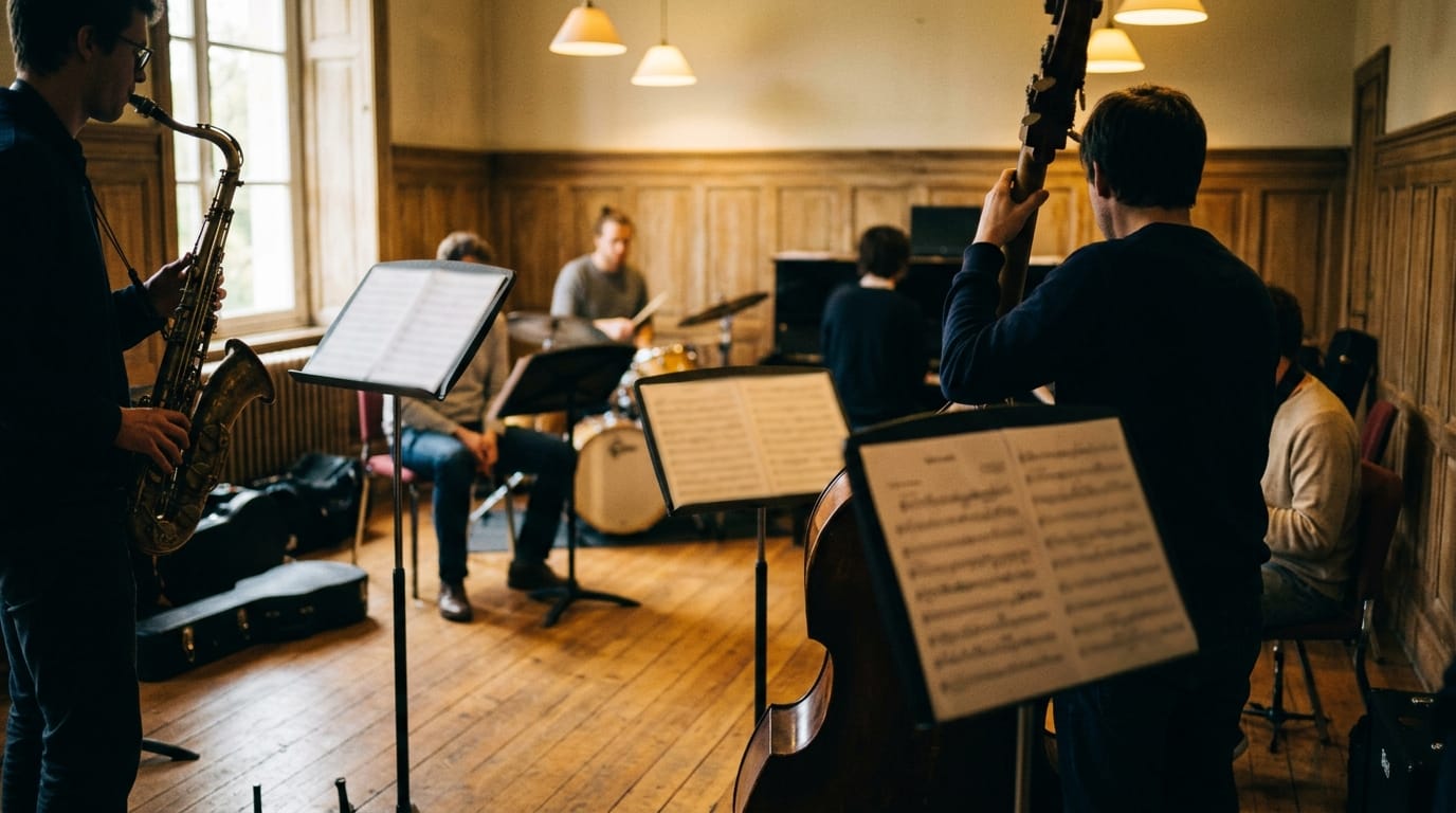 Jazz ensemble rehearsal with saxophonist, bassist, and musicians reading sheet music in warm studio