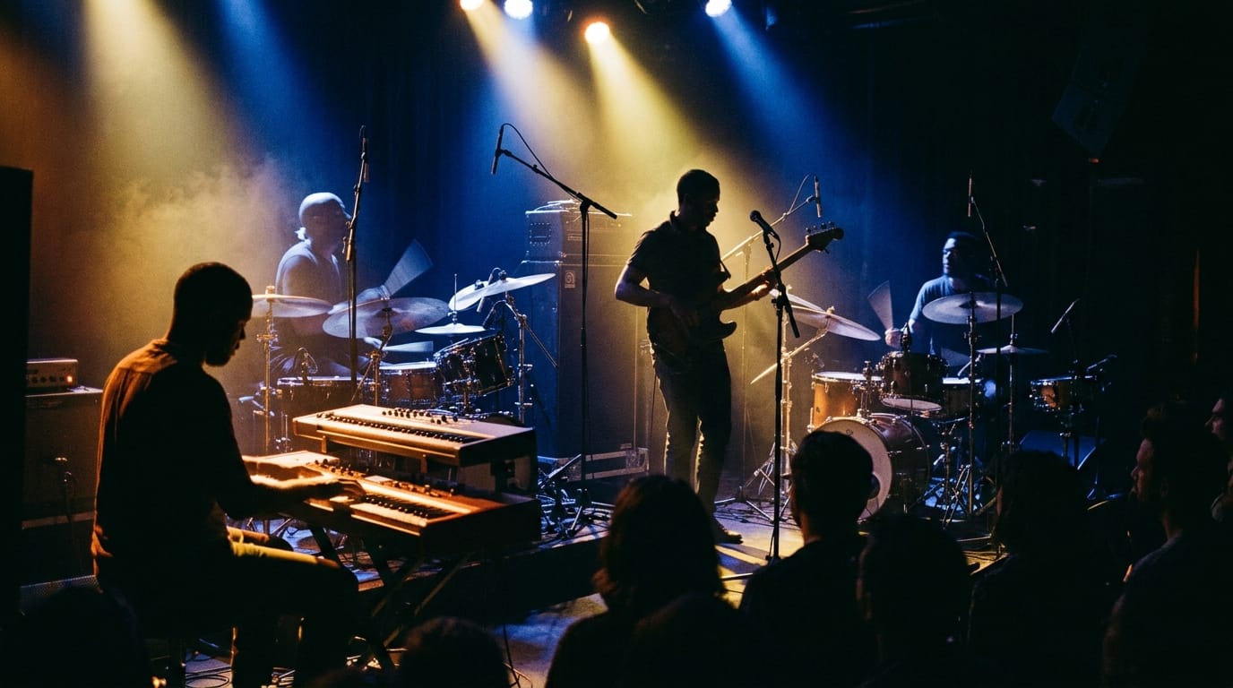 Jazz band performing live on stage with keyboards, guitar, drums, atmospheric blue and gold lighting