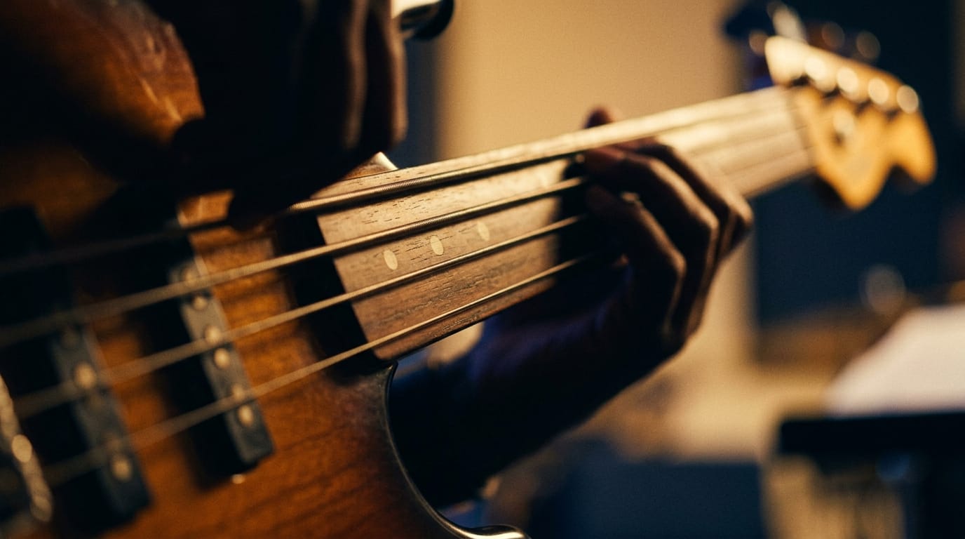 Close-up of bass guitar strings and fretboard with warm stage lighting, jazz instrument detail