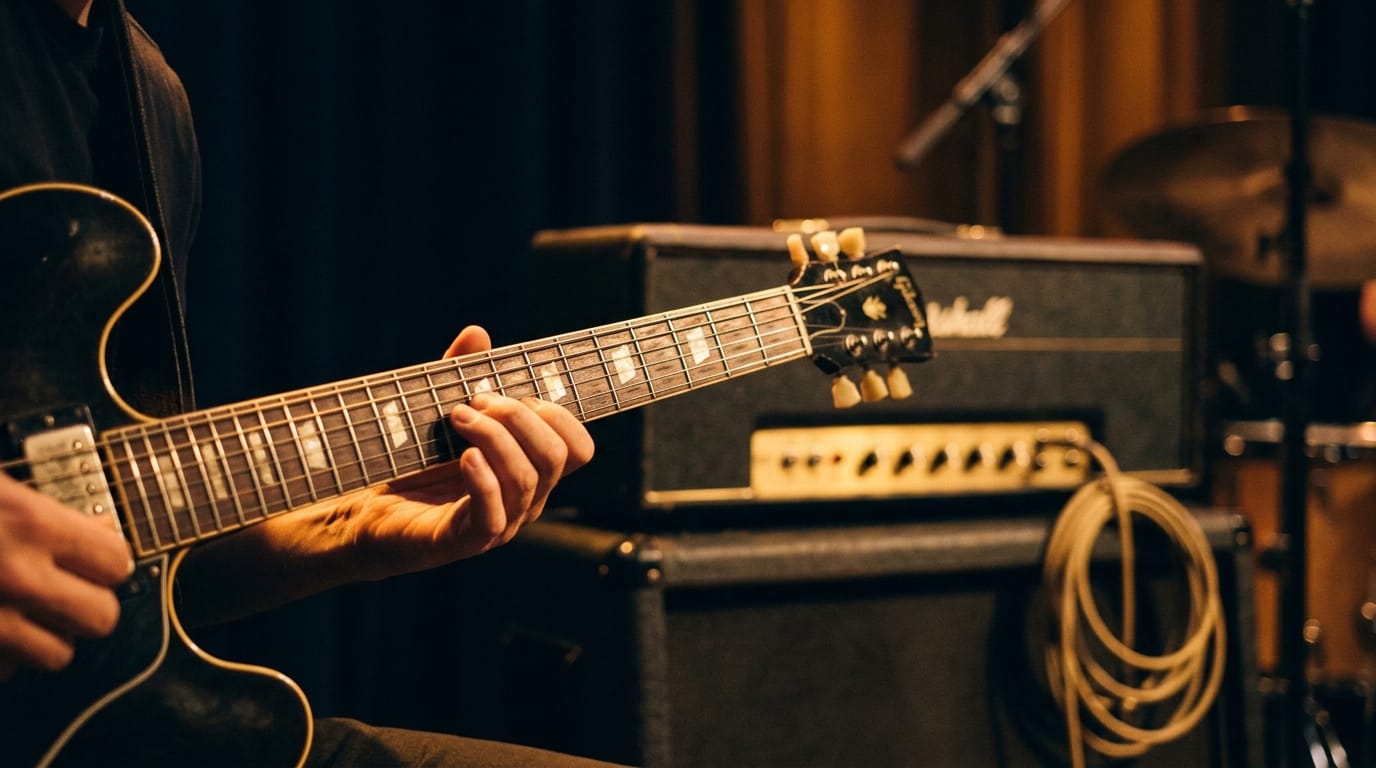 Jazz guitarist playing electric guitar in studio with amplifier and warm stage lighting