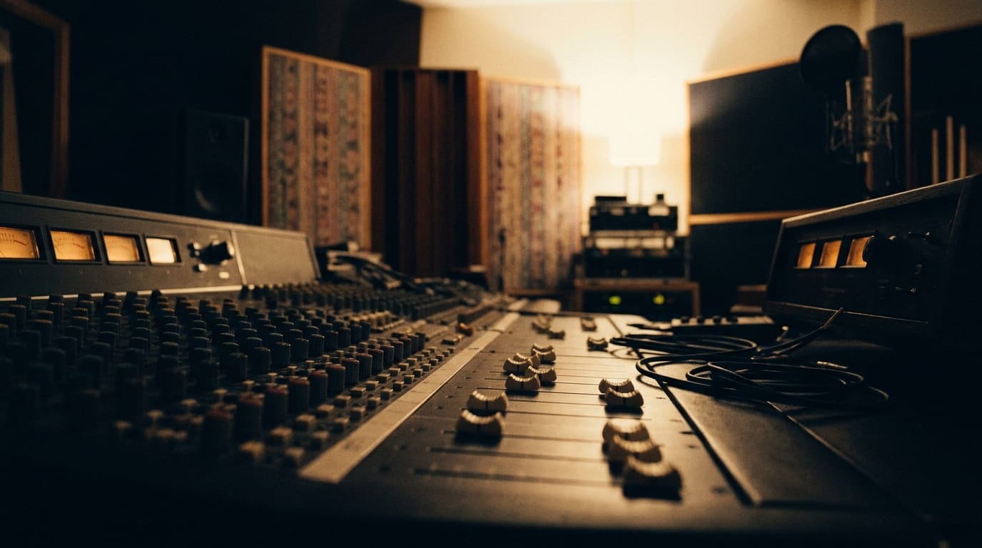 Professional recording studio mixing console with faders and equipment in warm golden lighting