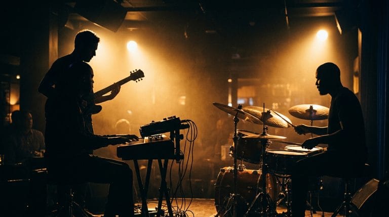 Jazz musicians performing live on stage with guitar, keyboard, and drums under warm golden stage lighting