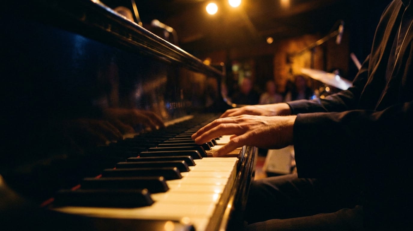 Pianist performing jazz on illuminated keyboard with audience in warm stage lighting