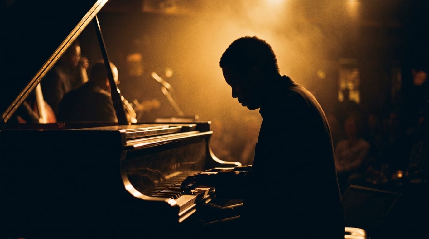 Jazz pianist performing at grand piano on stage with warm golden lighting and atmospheric ambiance