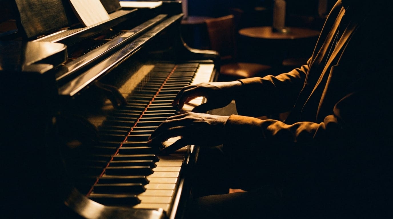 Jazz pianist performing on grand piano with sheet music in warm stage lighting