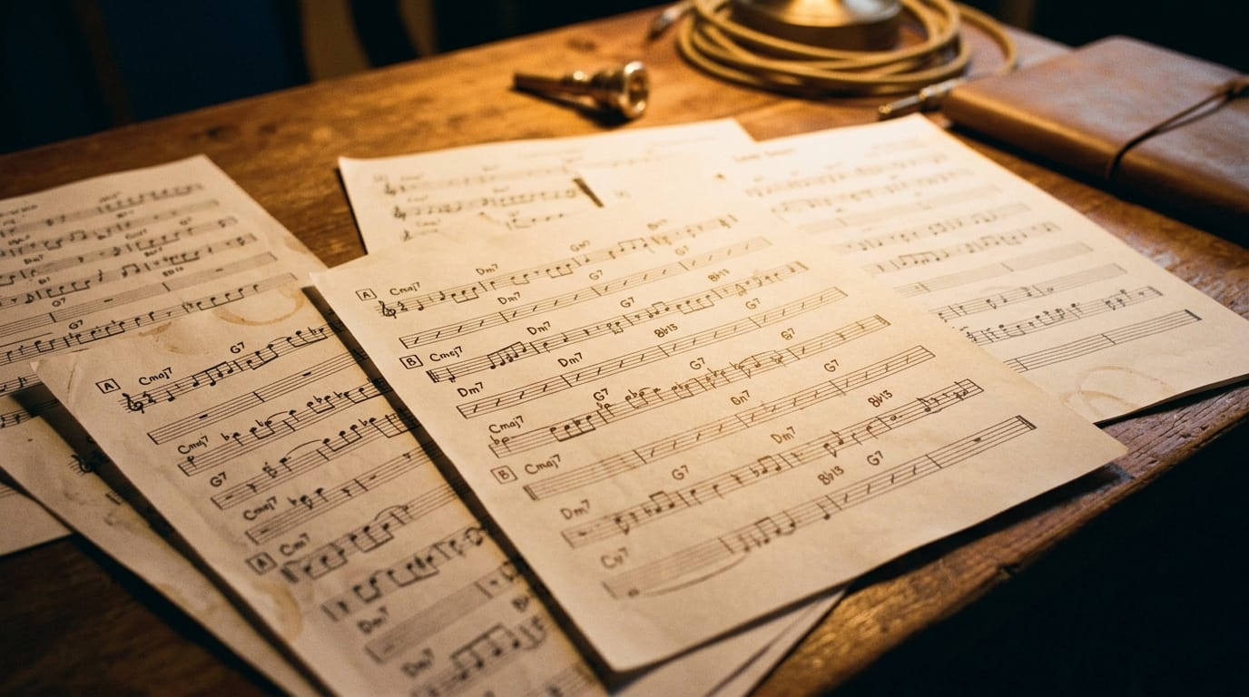 Jazz lead sheet music with chord changes and melody notation on wooden desk