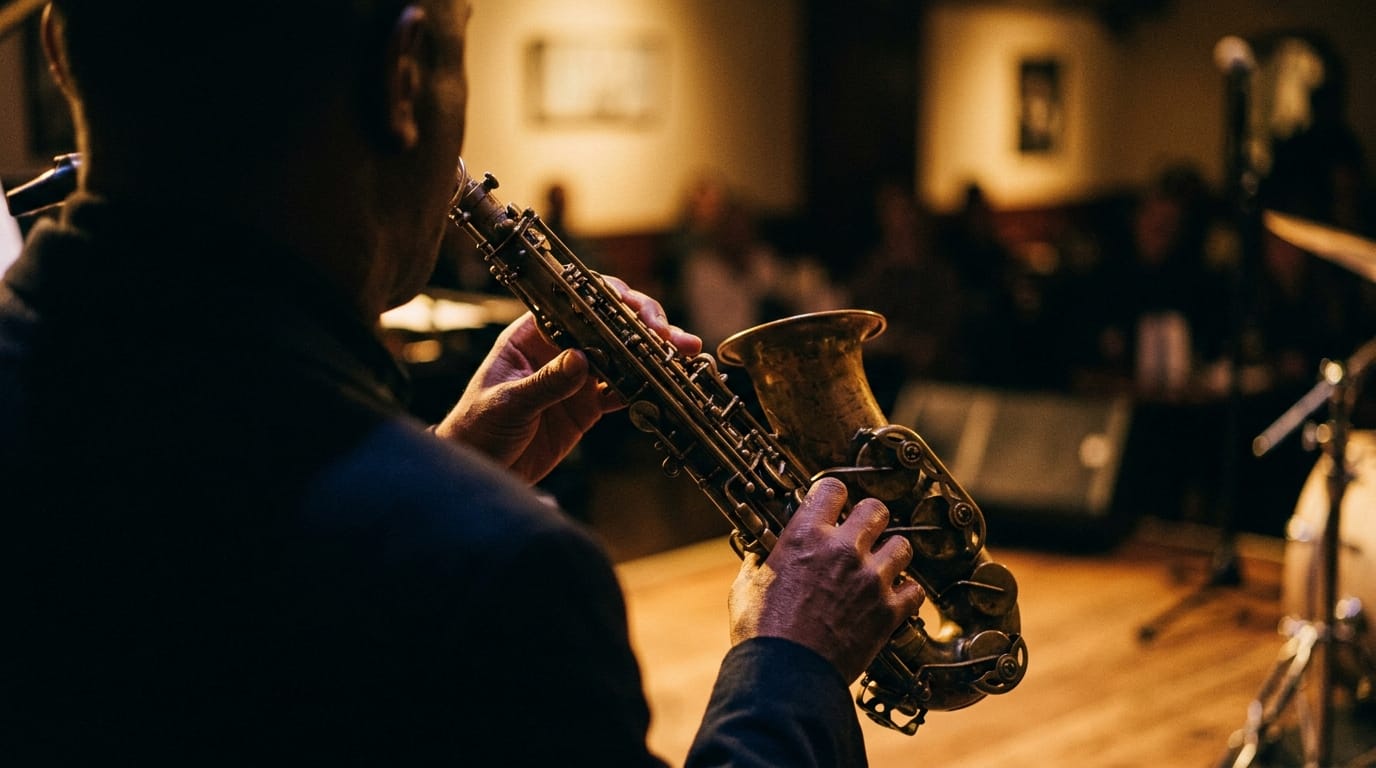 Saxophonist performing with brass saxophone on stage during live jazz performance