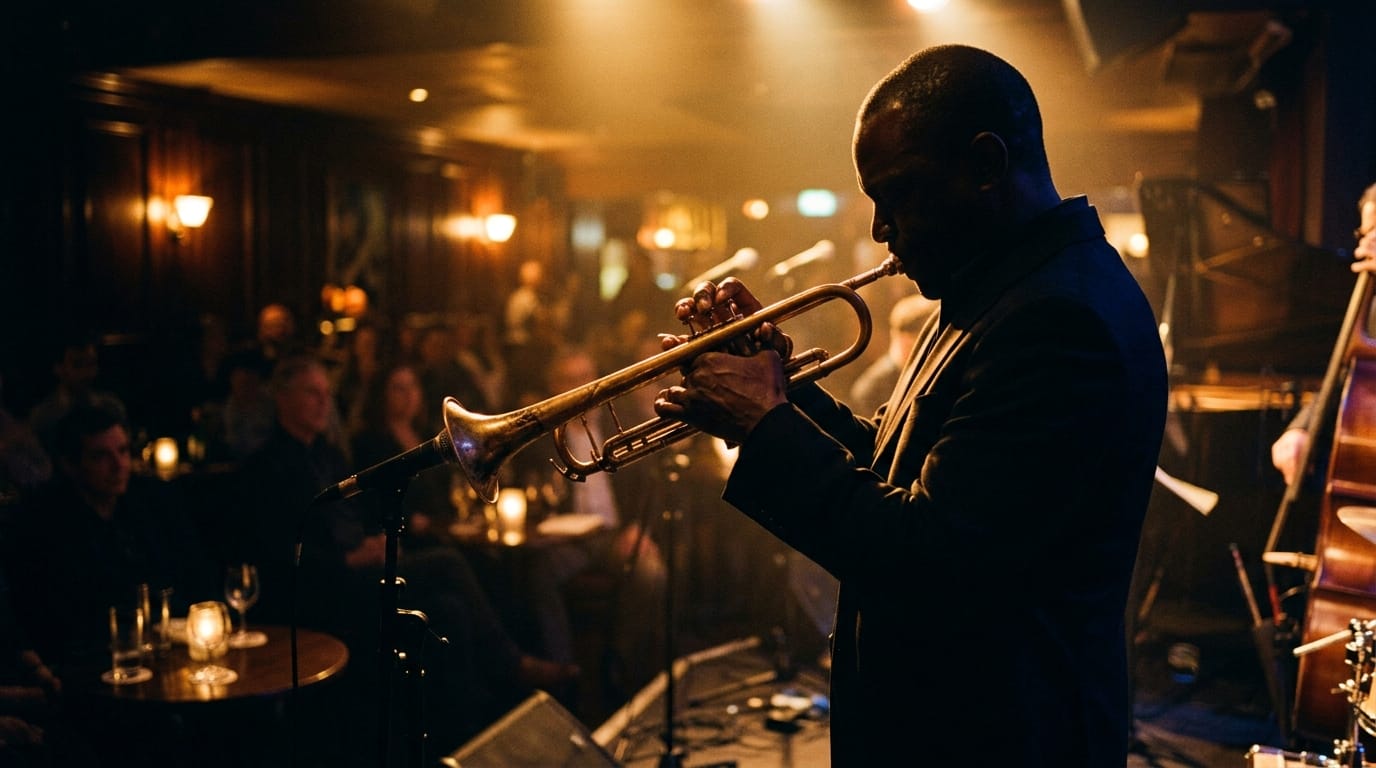 Jazz trumpeter performing solo in intimate candlelit venue with audience