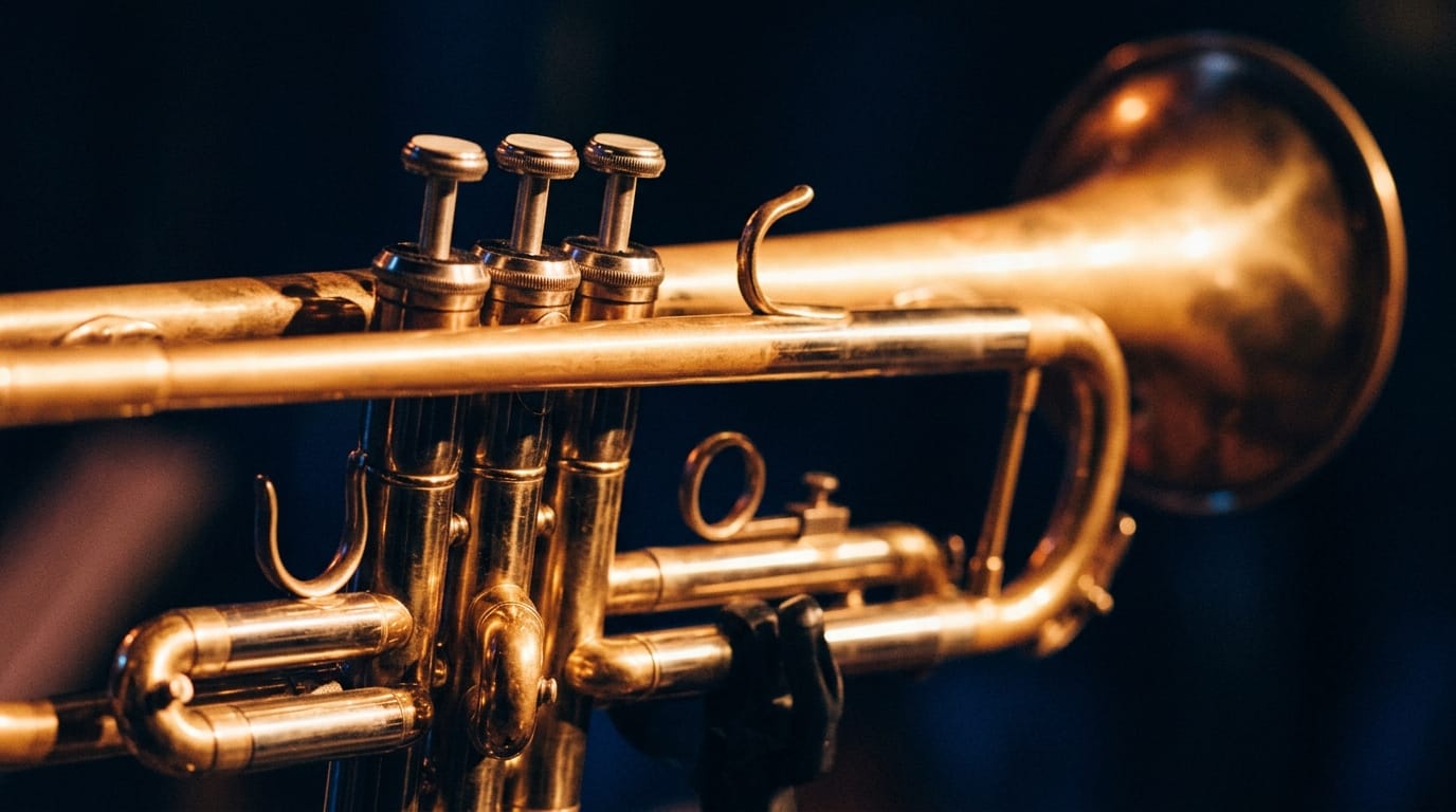 Close-up of polished brass trumpet with valves and bell against dark background