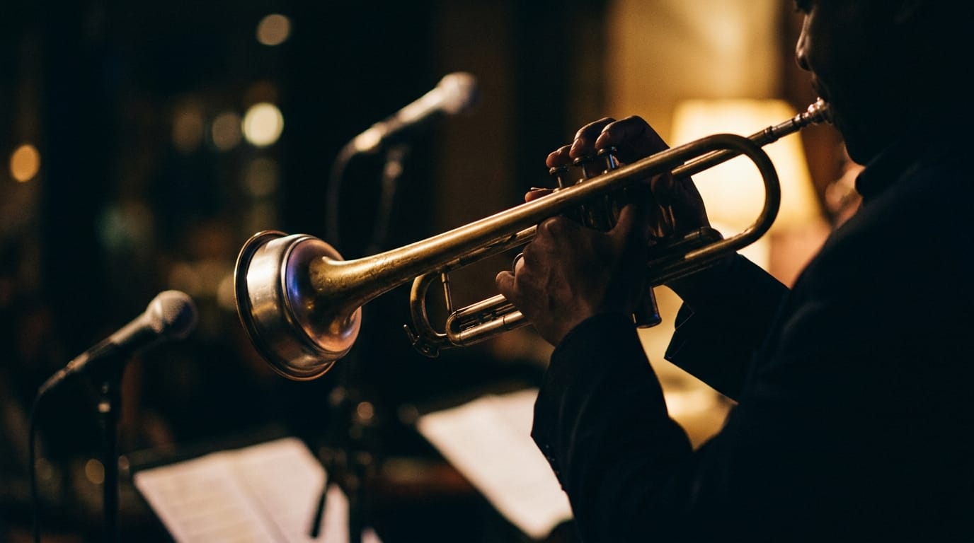 Jazz trumpeter performing on stage with warm golden lighting and microphone setup