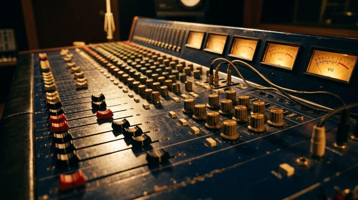 Professional recording studio mixing console with faders, knobs, and VU meters in warm lighting