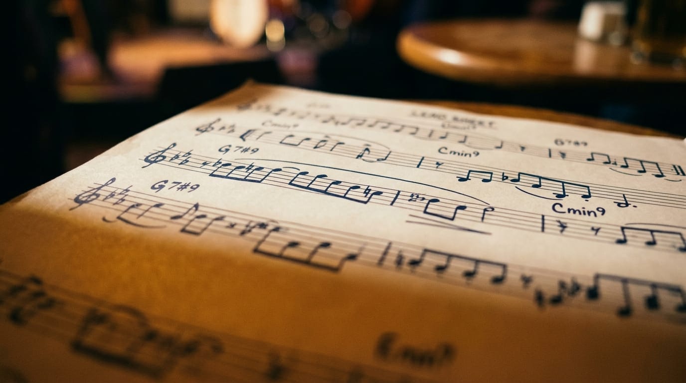 Jazz sheet music with chord notations and musical staff on wooden table