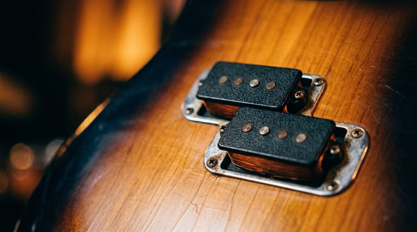 Close-up of a bass guitar's split-coil pickup mounted on a wood body