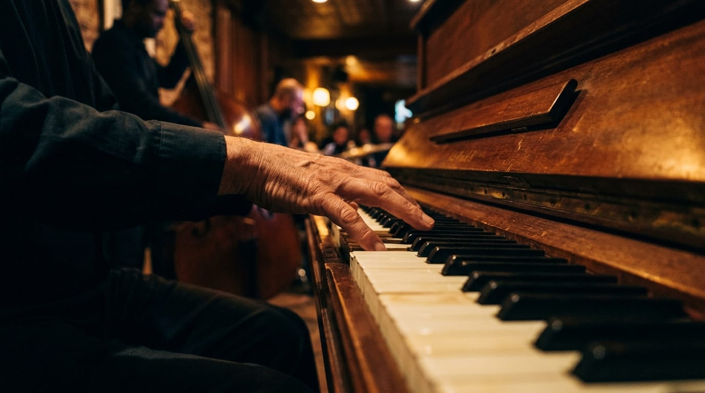 Experienced pianist's hand playing grand piano keys during intimate jazz performance with audience