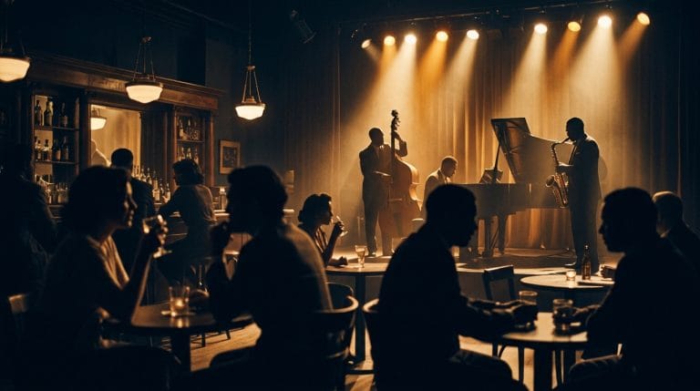 Jazz quartet performing in intimate venue with warm stage lighting, upright bass, piano, saxophone, and audience