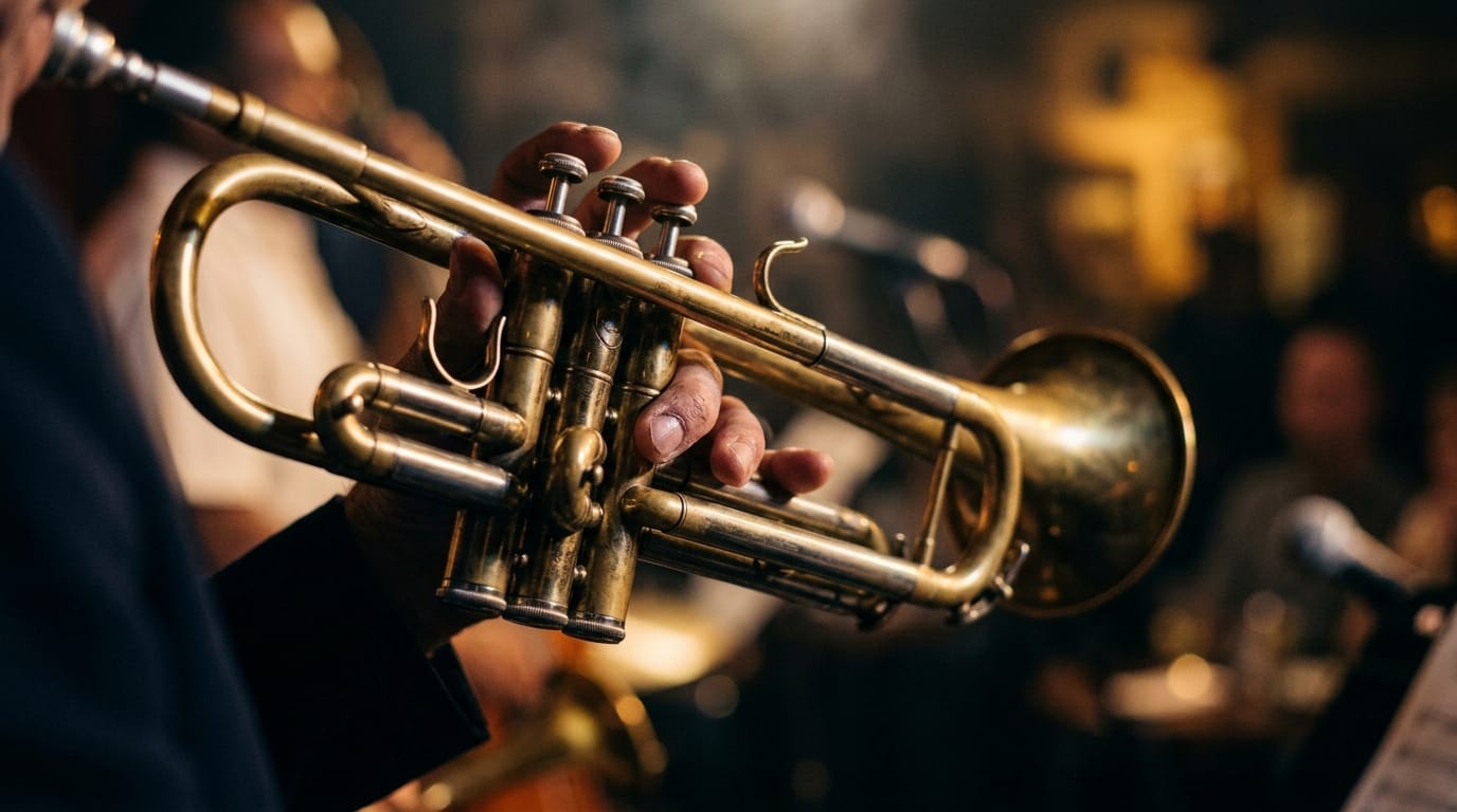Jazz musician's hands playing brass trumpet with three valves during live performance
