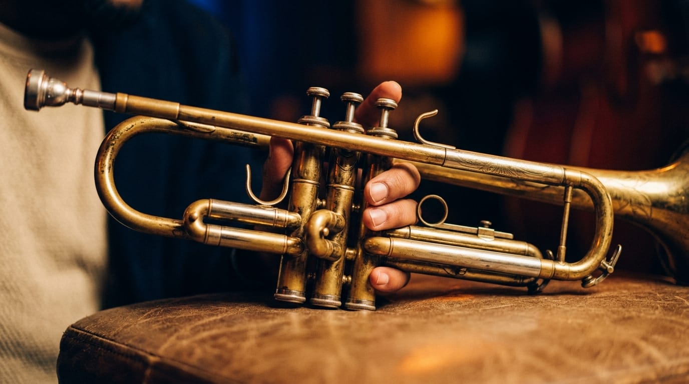 Musician's hands playing vintage brass trumpet with three valves, warm stage lighting