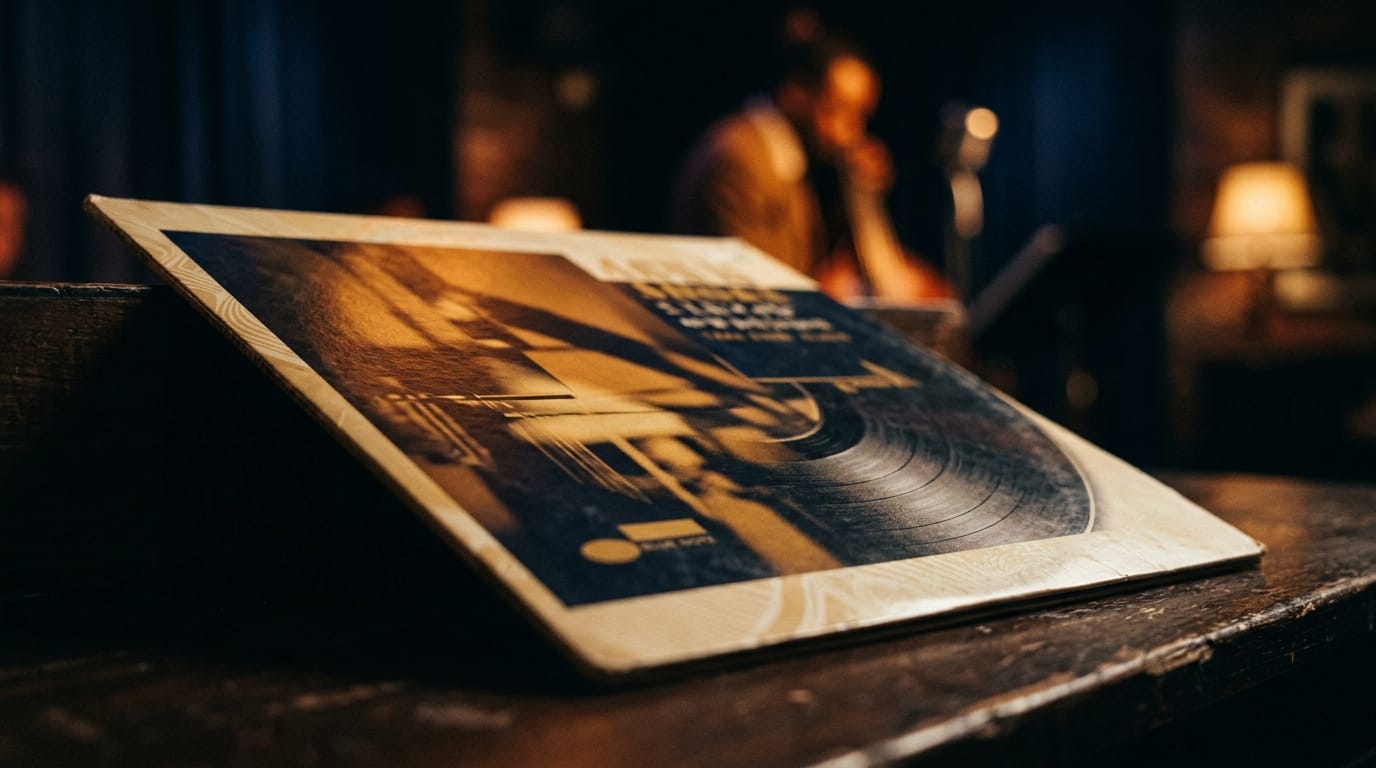 Vinyl record album cover displayed on wooden table with warm stage lighting and blurred jazz musicians performing background